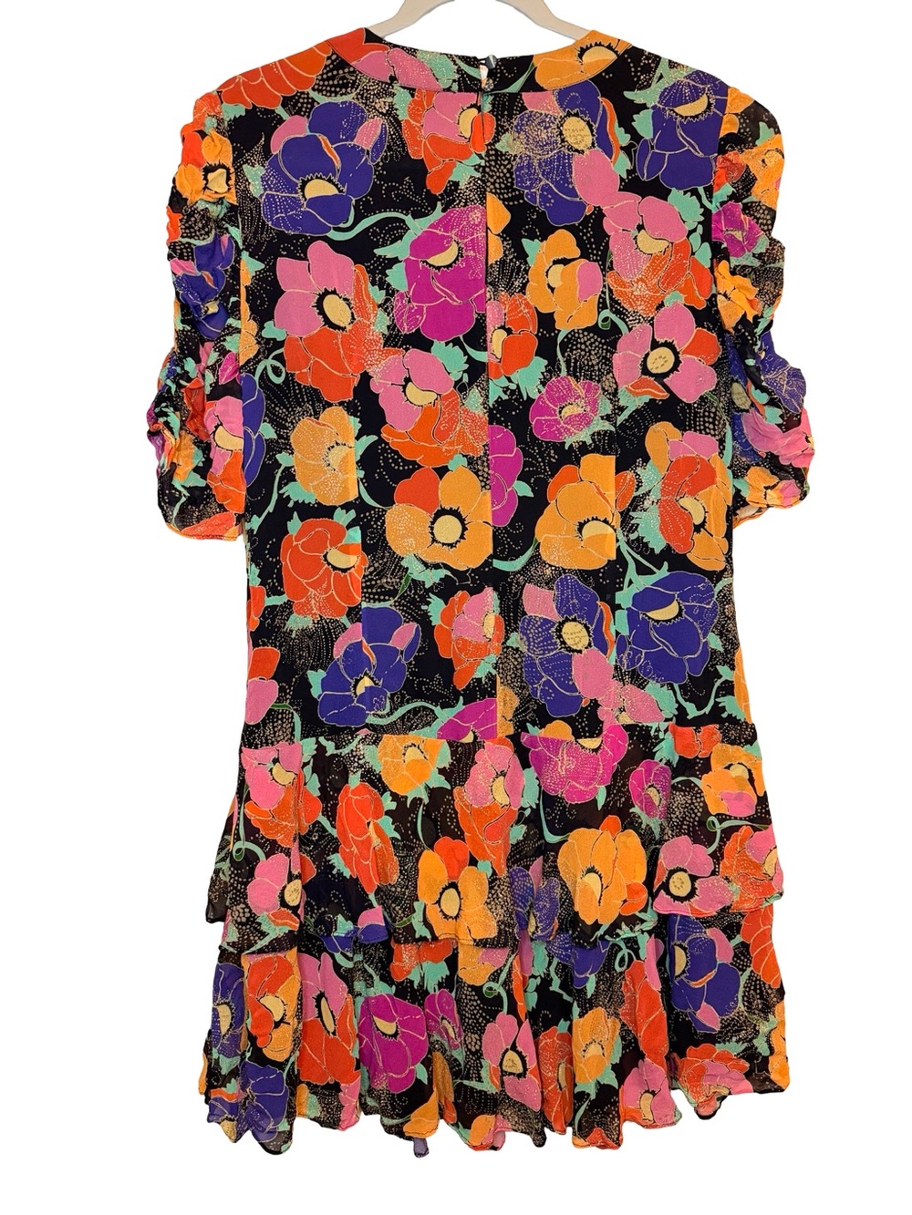 RIXO Dion Glitter Floral Print Georgette Mini Dress Ruched Sleeve Boho London XL - Picture 7 of 12